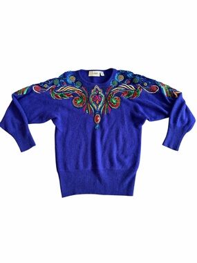 Vintage Cedars Beaded Sequin Angora Lambswool Sweater Purple Medium